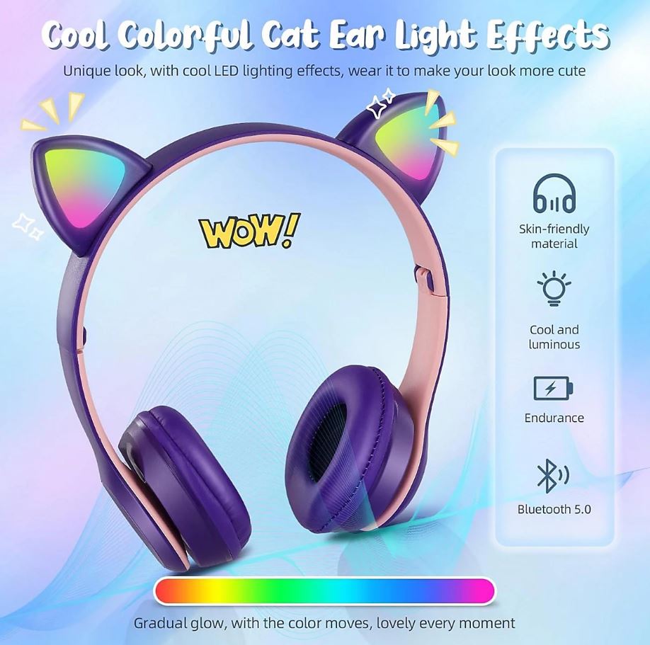 Wireless Cat Ear Headphone STN 28 Bluetooth 5.0 Stereo Headset Audio Device Noise Canceling and Microphone Support TF Card Dual Connection with RGB Flashing Light